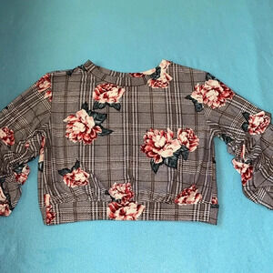 HAUTE MONDE houndstooth floral print ruffle 3/4 sleeves ties in back size M